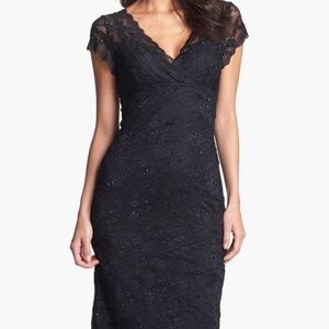 Marina navy blue tiered lace sequin/beaded occasion cocktail maternity dress S